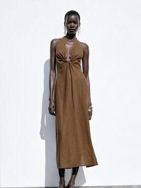 ZARA Linen Buckle Midi Dress - Brown